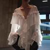 Sexy See-through V-neck Long Sleeve Chiffon Top Beach Party Shirt Trans-seasonal Women's Low Cut Shirt Ruffle Solid Color Tops