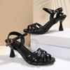 One Buckle Plus Size Women's Shoes Summer New Round Toe Open Toe Crossover Strap Kitten Heel Roman Sandals