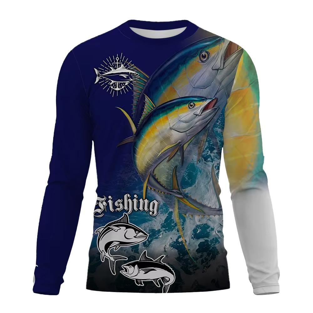 Spring and Autumn Round Neck 3D Fishing Printed T-shirts Fashionable Casual Long Sleeved Men's T-shirts