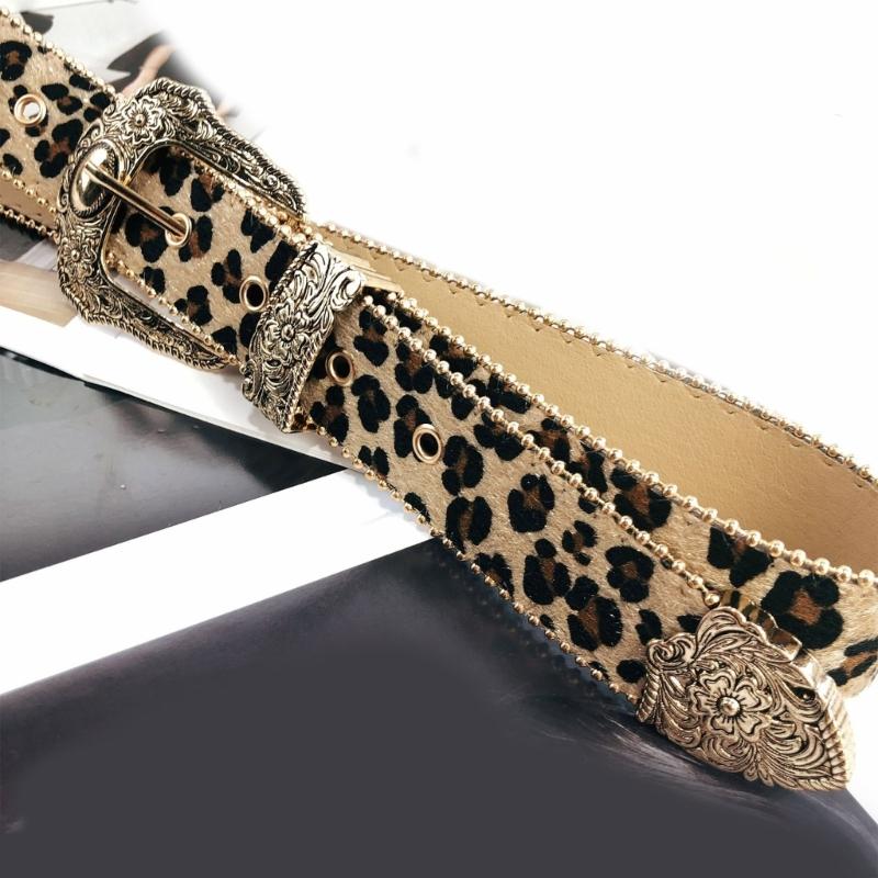 Fashion Leopard Print Belt Girl Metal Buckles Belt 2000s Waistband Ethnic Waistbelt Bead Trim Belt Aesthetic Buckles Belt
