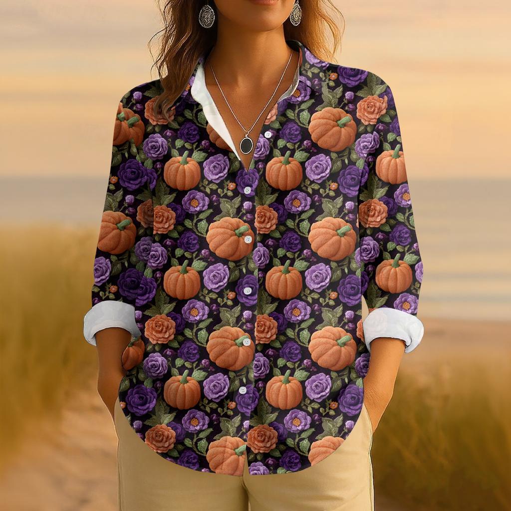 Dámská retro halloweenská potištěná košile s dlouhým rukávem na knoflíky, ležérní top s klasickým límečkem