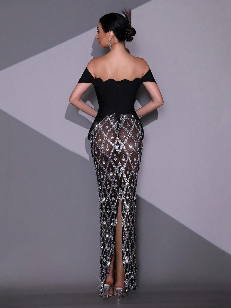 One-Shoulder Rhinestone Sequin Mesh Plaid Evening Gown for Women