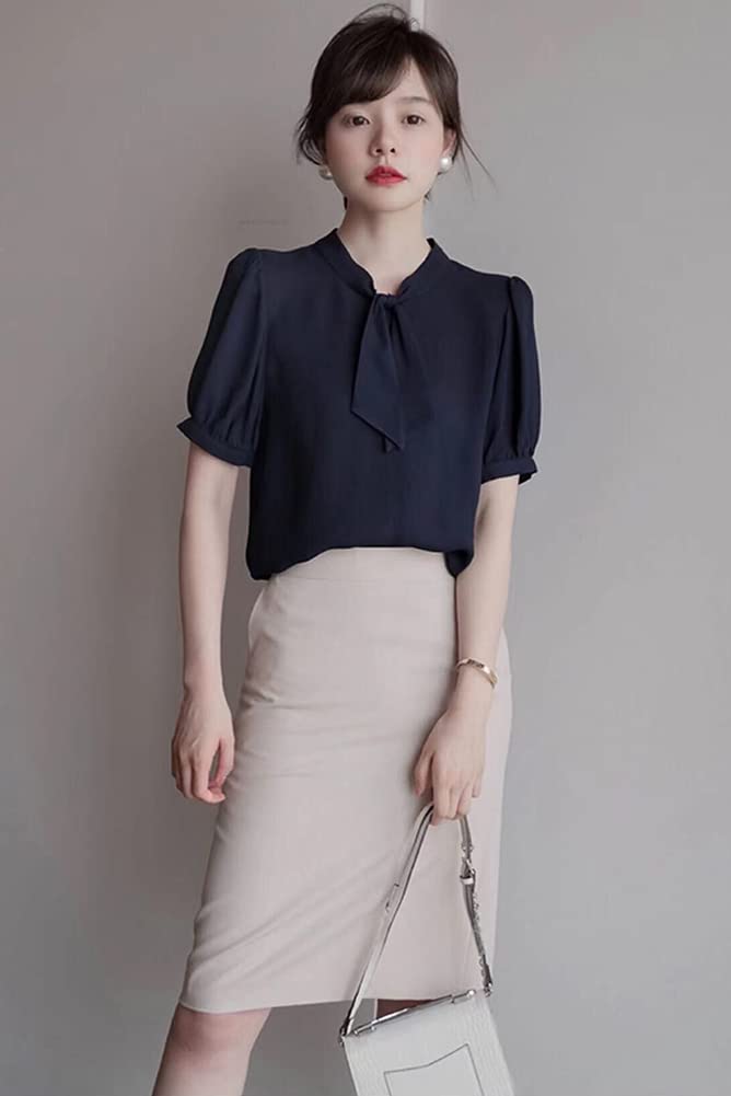 Short Clean [H. Zroy] Shirts, Blouses, Women's Tops, Chiffon, Ribbon, Summer, Sleeves, Plain, Elegant, Office, Slimming, Stylish, OL, Commuting,