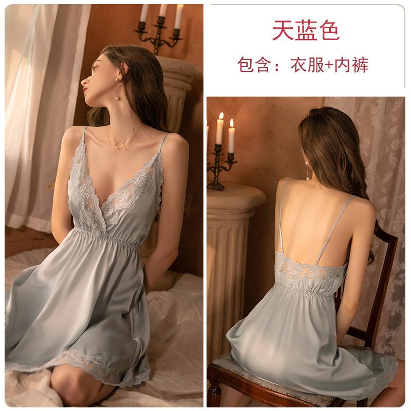 Bridal Morning Gown Sexy Satin Lace Suspender Nightdress Women's Long-sleeved Lace-up Nightgown Loungewear Set