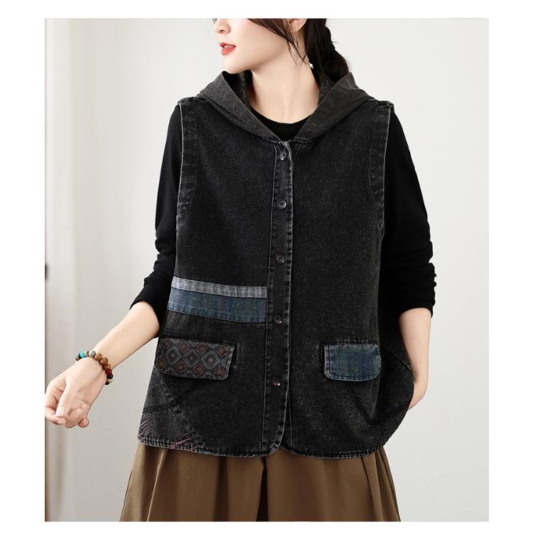 Plus Size Denim Hooded Vest Women Loose Short Waistcoat Casual Autumn Fashion