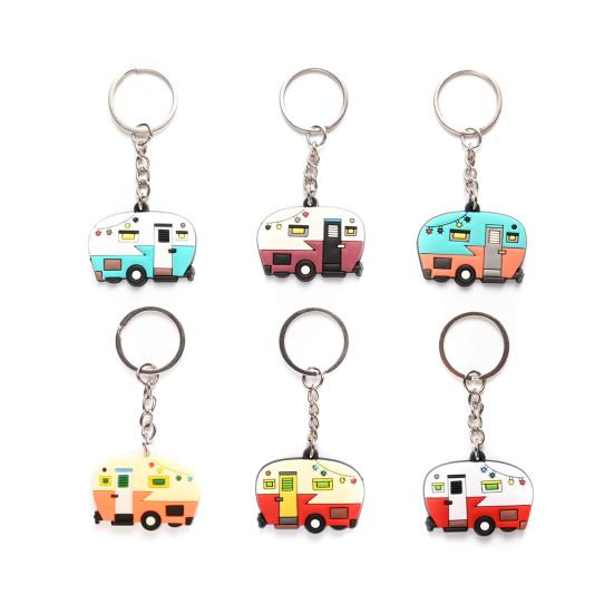 Cartoon RV Shape Keychain, Contrasting Color Keyring Accessories for Travel Trailers, Enameled Metal Retro Camping Car Keychain