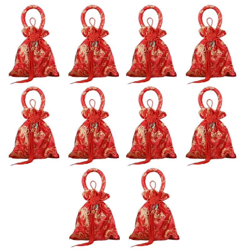 10pcs Chinese Style Canvas Flower Drawstring Bag Large Capacity Korean Style Festive Sugar Bag Wedding Handheld Candy Bags