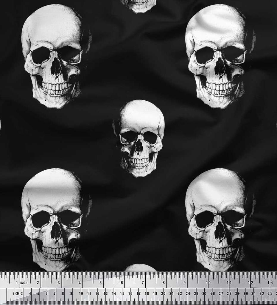 Soimoi Japanischer Krepp-Satinstoff, Horror-Totenkopf, Halloween-Druck, Meterware, 107 cm