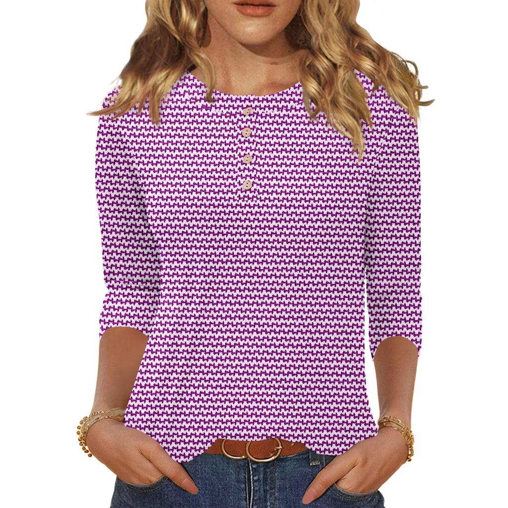 3/4 Sleeve Shirts For Women Button Down Shirt  Top For Women Half Button Down Print Graphic Blouse
