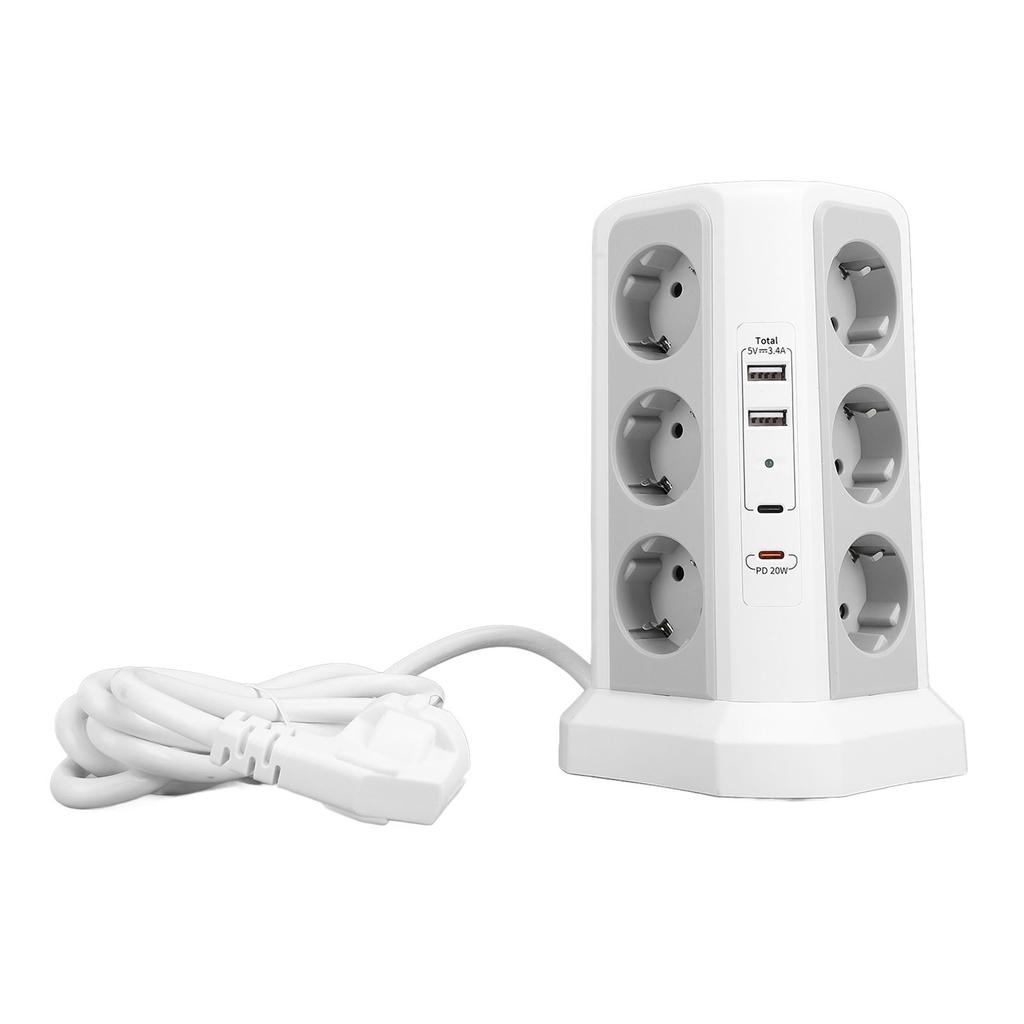 Tower Power Strip with Protector Switch Multiple Ports Vertical Space Saving Electric Tower Power