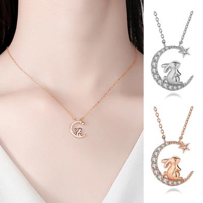 Roztomilý králíček hvězda elegantní hypoalergenní kamínky vsazený srpek měsíce klíční kost náhrdelník šperk