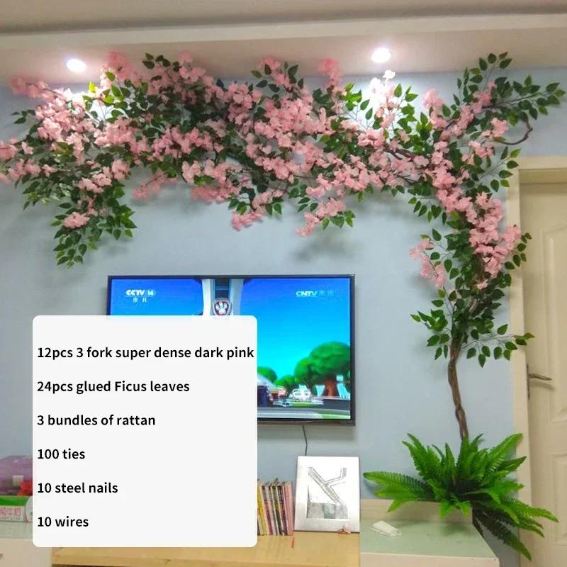 Artificial Cherry Tree Rattan Flower, Silk Wedding Background, Wall Decoration Flower, Home Decoration