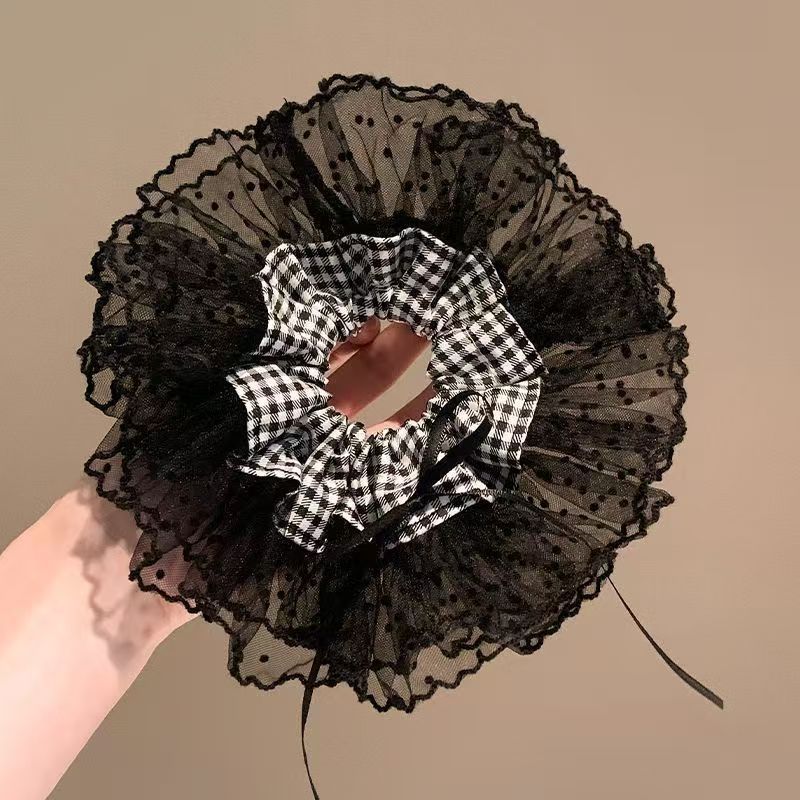 French Retro Classic Black And White Plaid Bow Large Intestine Hair Band Lace Ballet Girl Head Band Hair Rope New