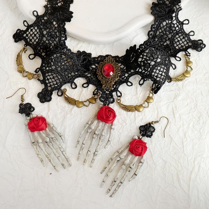 Black Lace Centerpiece Neck Jewelry Set Gothic Statement Accessories for Themed Photo Shoots, Festivals and Halloween Looks