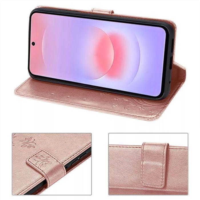 Case for Samsung Galaxy A37 5G, Anti-Scratch Leather Effect Pink Plant Butterfly Pattern - 2 Glass