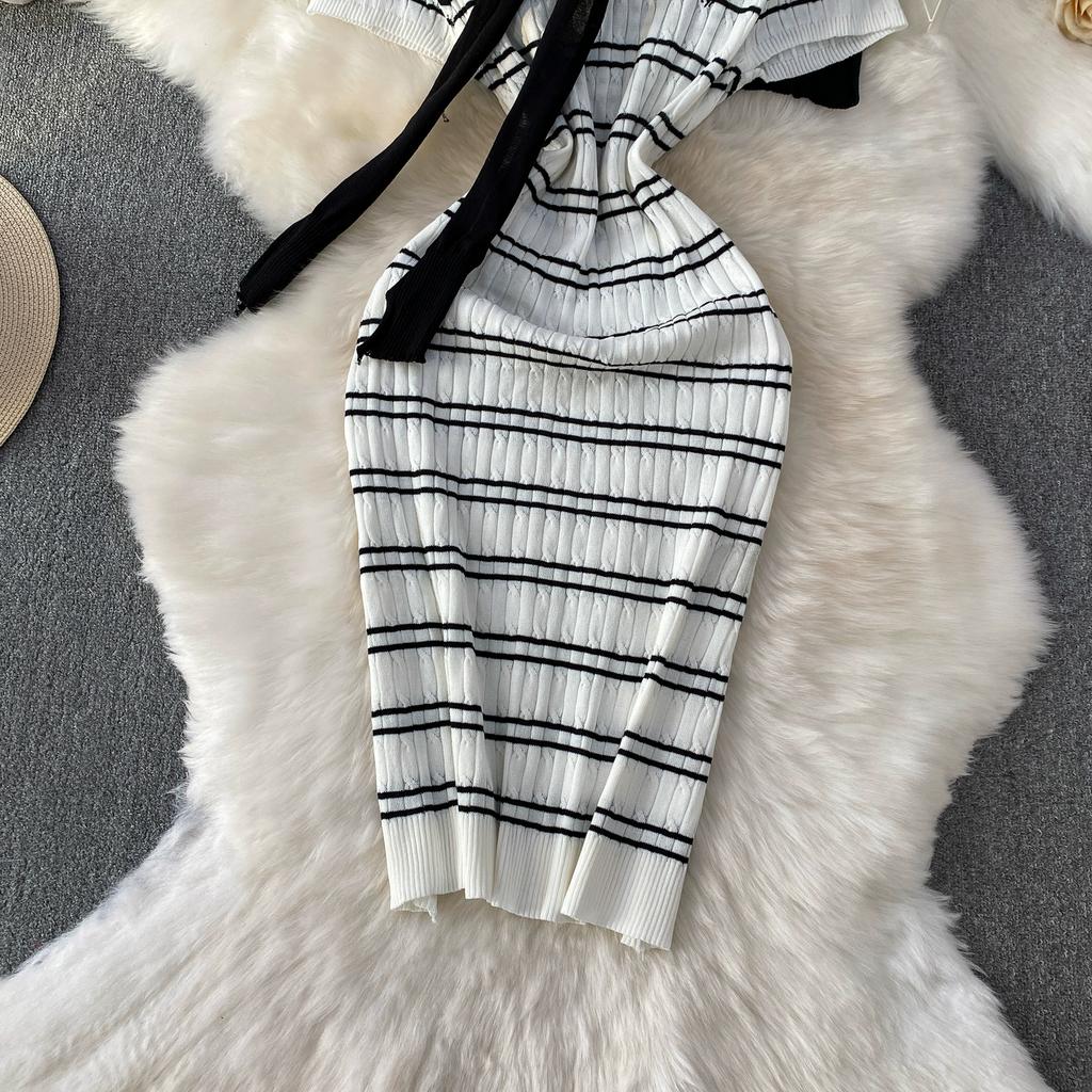 Sommer Damen Casual Kurzarm Gestreifter Strickpullover Mini Etuikleider mit Schal