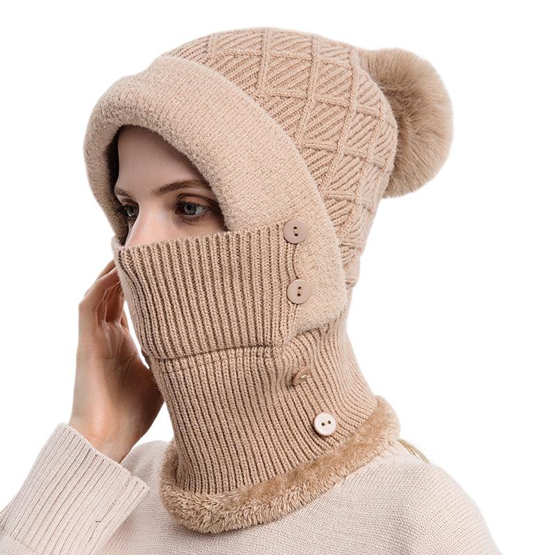 Hat and scarf integrated women's autumn and winter warm knitted hat cycling fleece pullover hat windproof ear protection wool hat