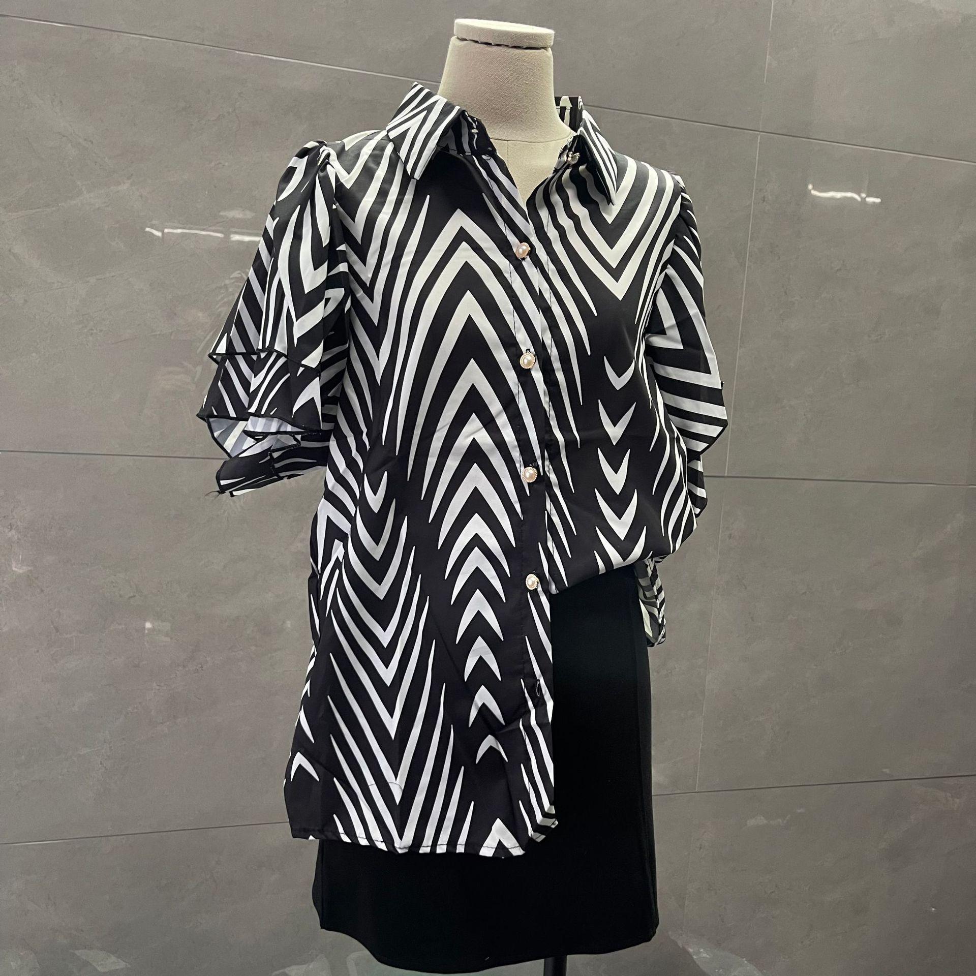 

Hong Kong-Style Double-Layer Ruffle Short-Sleeve Retro Print Women s Top M (recommended for ~105 lbs)