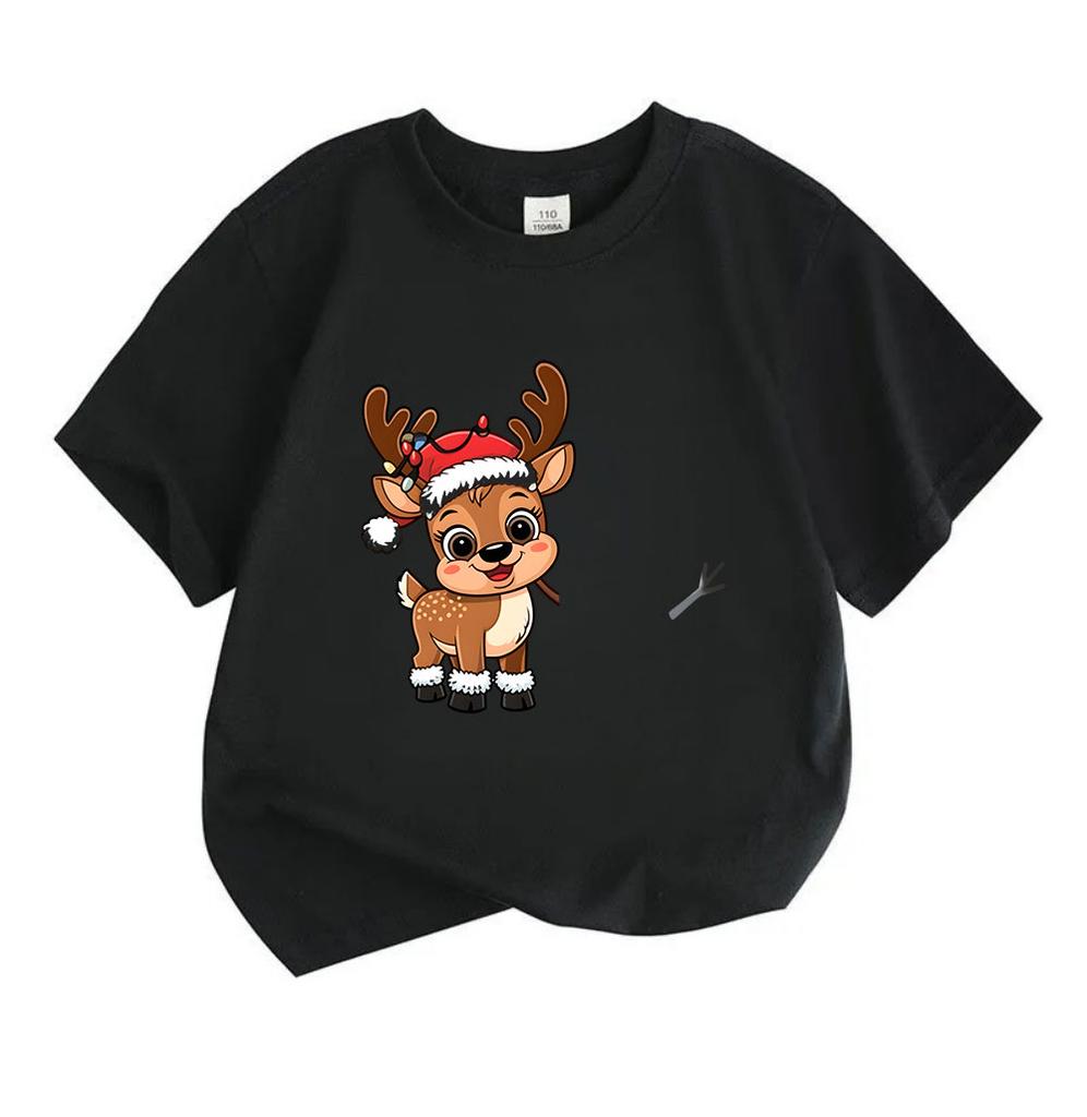 Kids Boys Girls 100% Cotton Crew Neck Short Sleeve T-Shirt, Cute Cartoon Christmas Reindeer with Santa Hat Xmas Light Print Casual Soft Tee Top for Ho