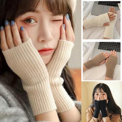 Women's Solid Half Finger Gloves, Winter Soft and Warm Wool Knitted Arm Gloves