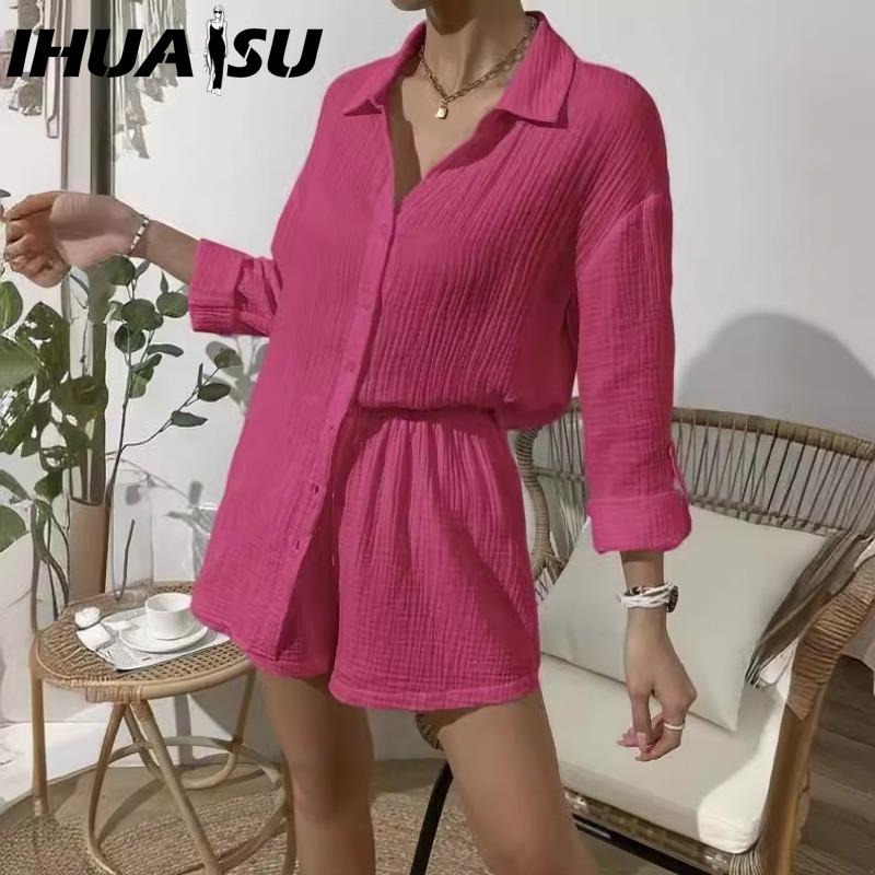 IHUASU Women's Spring and Summer Fashion Solid Colour Long-sleeved Shirt Suit Women Casual Loose Shorts Two-piece Set