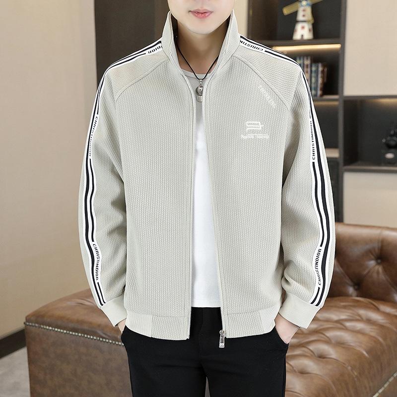 Autumn and Winter Men's Jacket Embroidered Vertical Striped Stand Collar Top for Young Korean Style Slim and Fashionable Versatile Casual Jacket