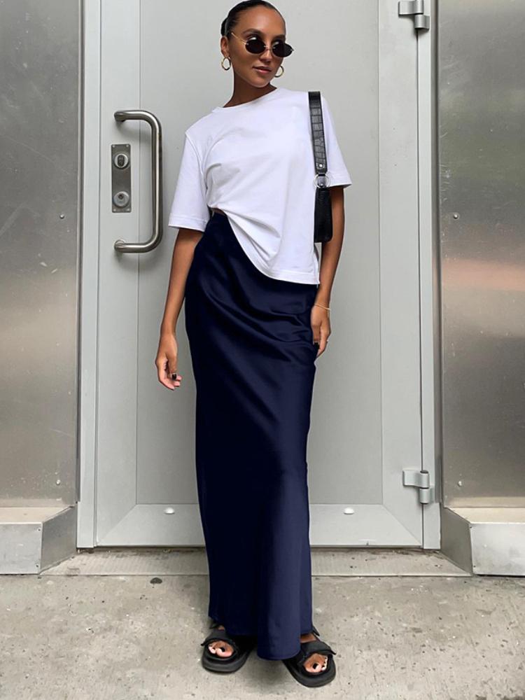 Eleganckie francuskie satynowe czarne spódnice trąbkowe damskie nowe modne wąskie spódnice z wysokim stanem damskie solidne długie spódnice biurowe wiosna lato