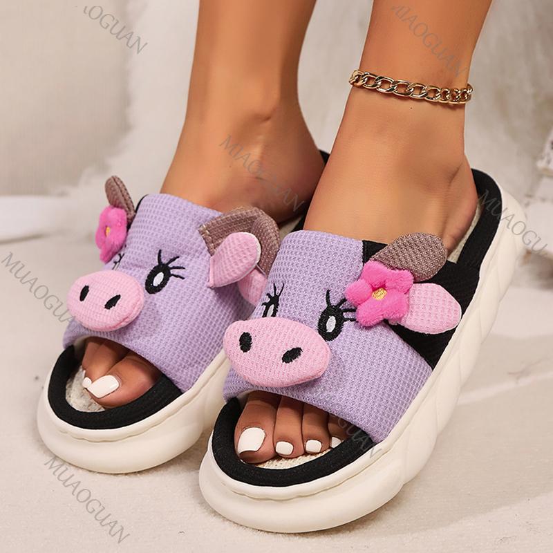 Fashion Cute Cow Thick Bottom Linen Slippers Women 2025 Winter Comfort Home Cotton Slippers Woman Flat Heels Non Slip Indoor Shoes Slide