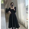 Women's Square Neck Long Sleeve A Line Midi Dress Vintage Elegant Solid Color Fall Dress