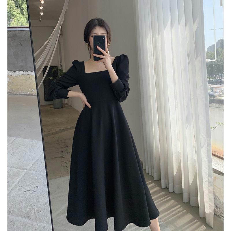 Women's Square Neck Long Sleeve A Line Midi Dress Vintage Elegant Solid Color Fall Dress