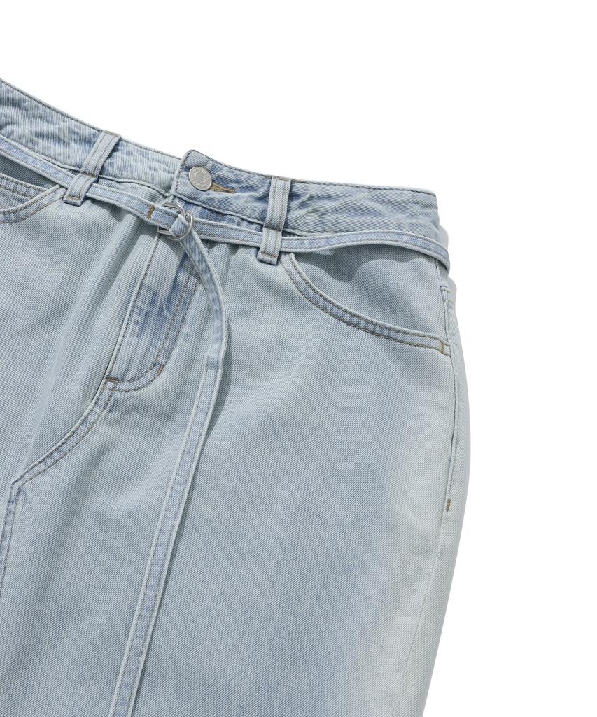 Covernat Woman Belted Denim Long Skirt Light Blue