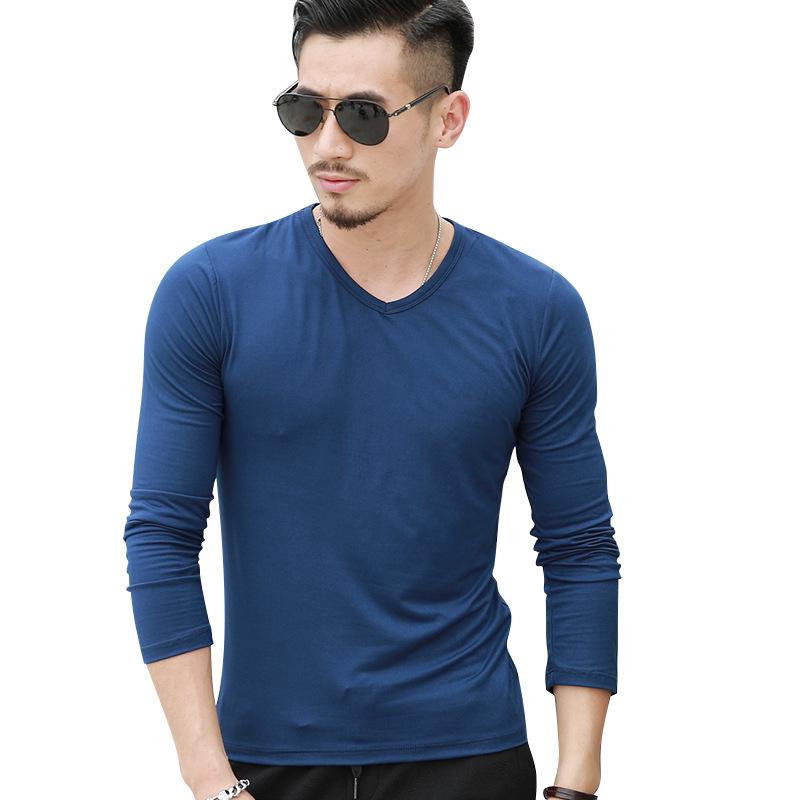 Men's Solid Color Long-Sleeve V-Neck T-Shirt - Casual Spring/Autumn Bottoming Shirt