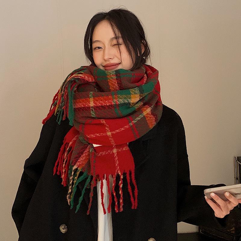 Korean Style Christmas Plaid Thickened Warm Long Scarf and Shawl