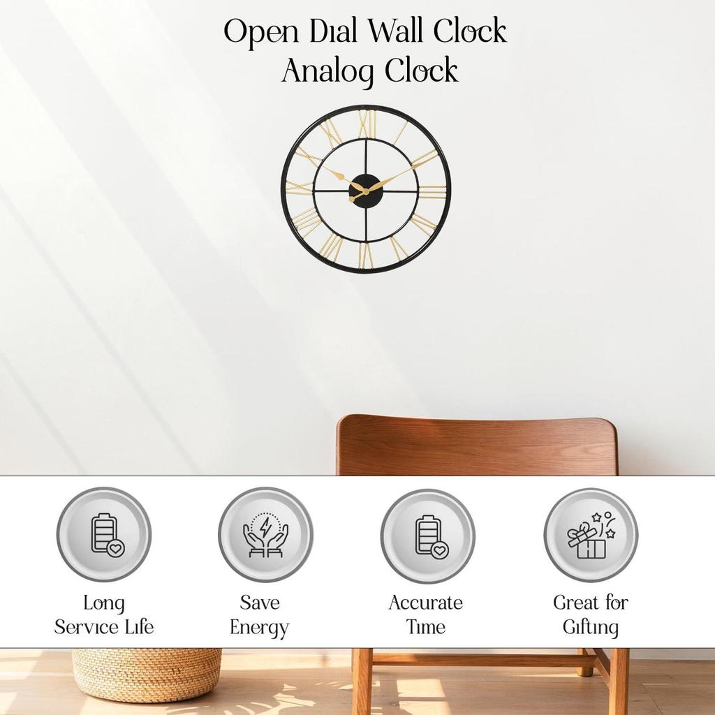 Iron Roman Number Open Dial Wall Clock Analog Clock for Living Room Bedroom Kitchen Hall (16 Inch, Black and Golden)