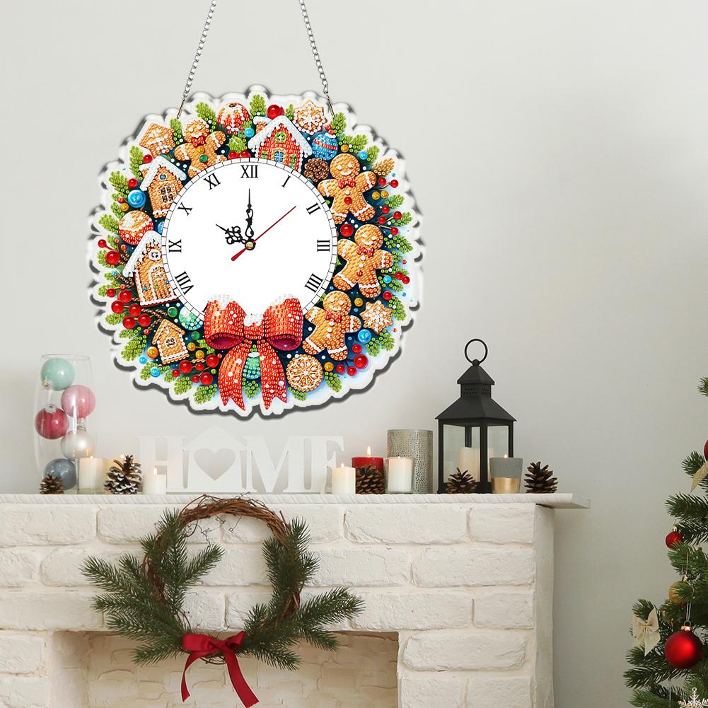 2D/Flat DIY Christmas Acrylic Diamond Painting Ornament with Clock Function Diamond Art Clock Pendant Kit for Home Decoration