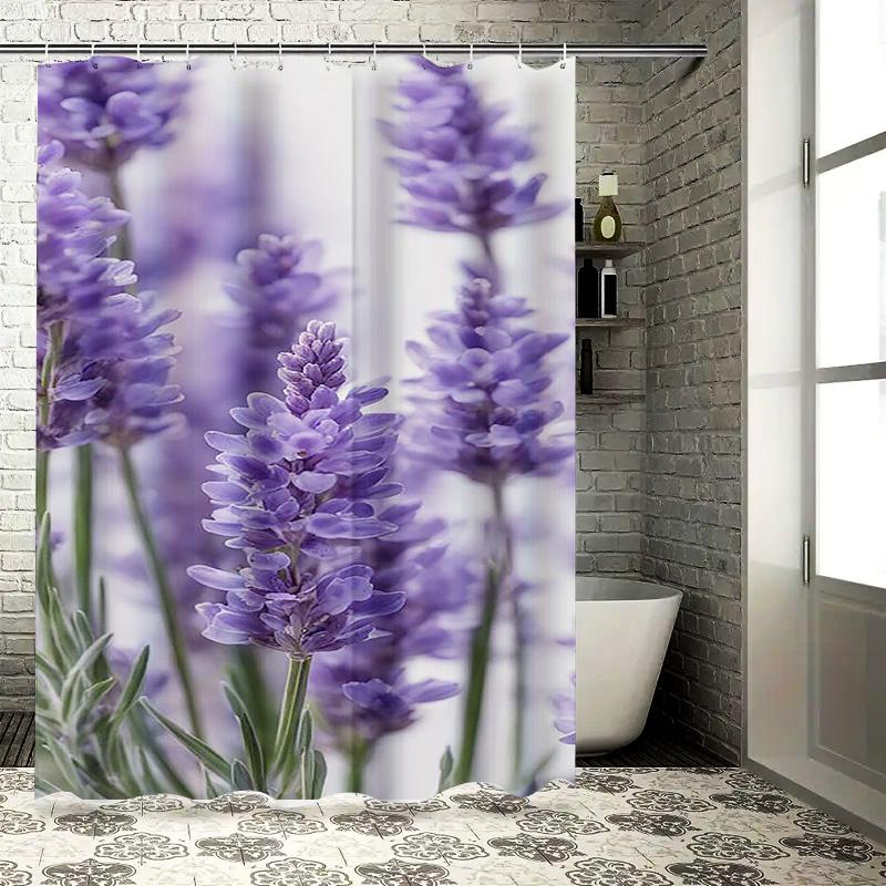 Beautiful Lavender Design Waterproof Shower Curtain Heat Resistant Machine Washable Non-Transparent 180x180cm