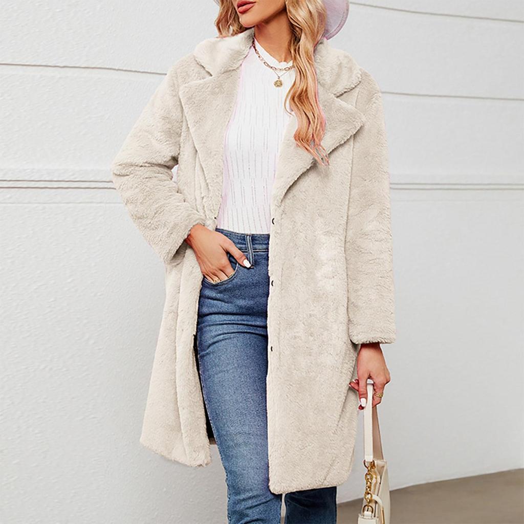Jachetă de damă, de toamnă și iarnă, cu rever, de culoare uni, jachetă lungă de pluș