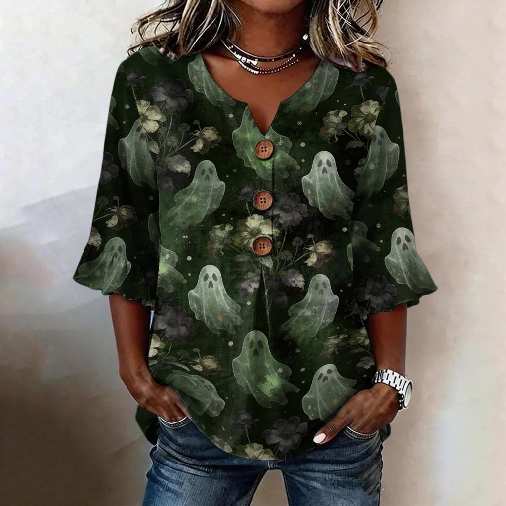 Women's Casual Button Front V-Neck Halloween Print Loose Fit Ruffled Sleeve Blouse