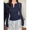 2025 New Spring and Autumn Long Sleeve Inner Women T-Shirt Tight Slim Fit Office Women's Bottom Shirt Basic solid color O Neck Skinny Button Top