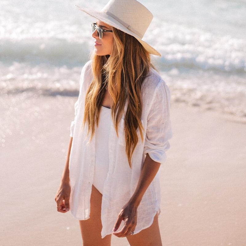 Women's Crepe Fabric Shirt-style Beach Coat Holiday Sunblock Bikini Cover-up Women's Swimsuit with Cardigan