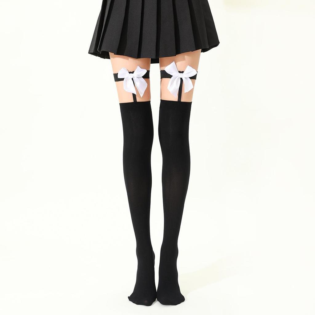 "Spring/Autumn Black Non-Slip Bow Suspender Stockings – Over-the-Knee Sexy Style"