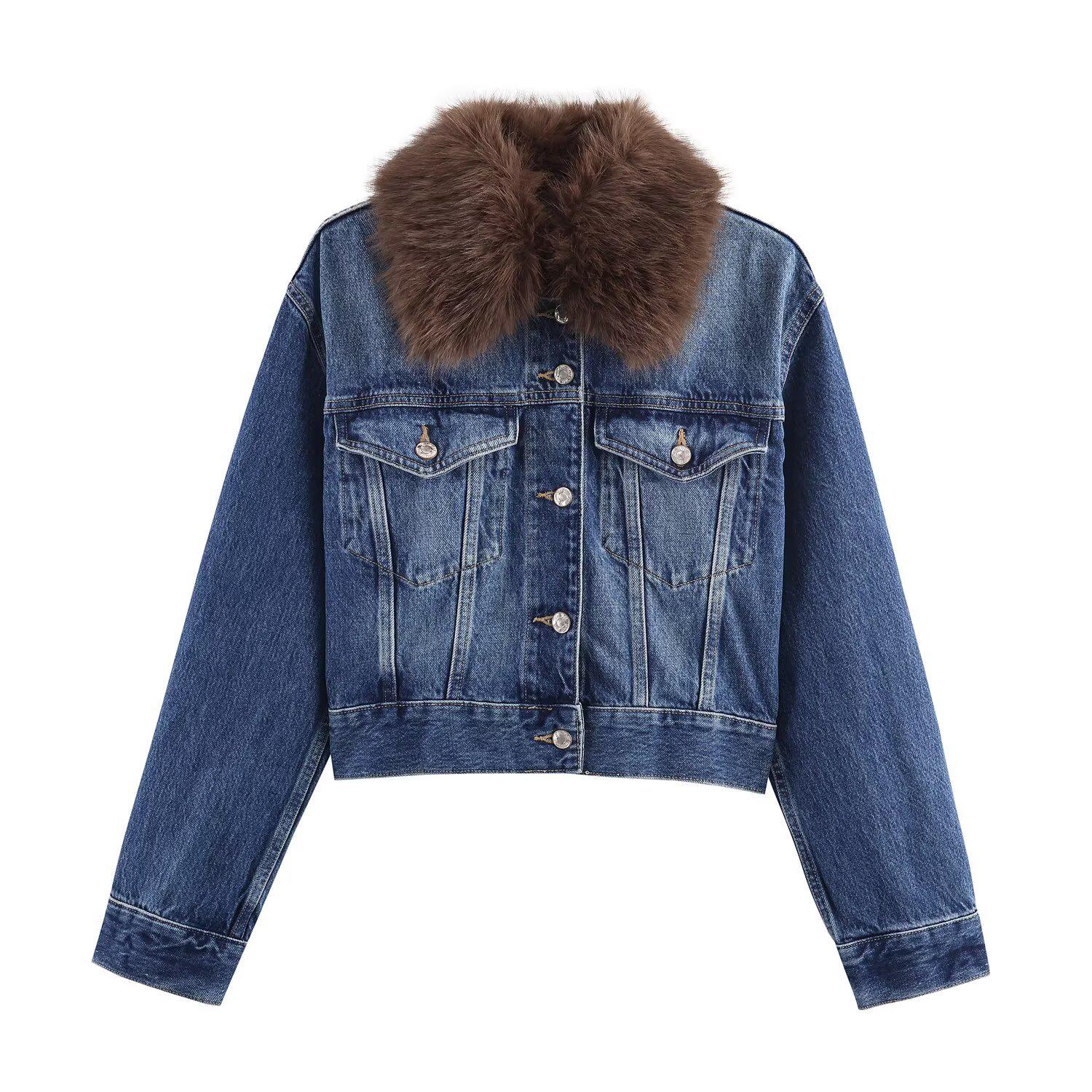 European & American Women s Faux Fur Collar Denim Jacket Large