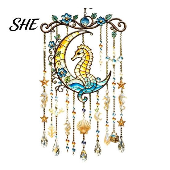 Birthday Gifts for Friends Ocean-Themed Crystal Wind Chime, Stained Acrylic Jellyfish Seahorse Pufferfish Hanging Suncatcher Unique Marine Style