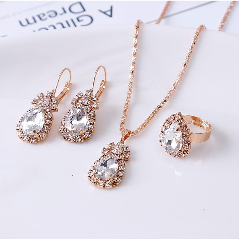 Wholesale Bridal Jewelry Set Ins Water Drop Rhinestone Necklace Earrings Ring Set