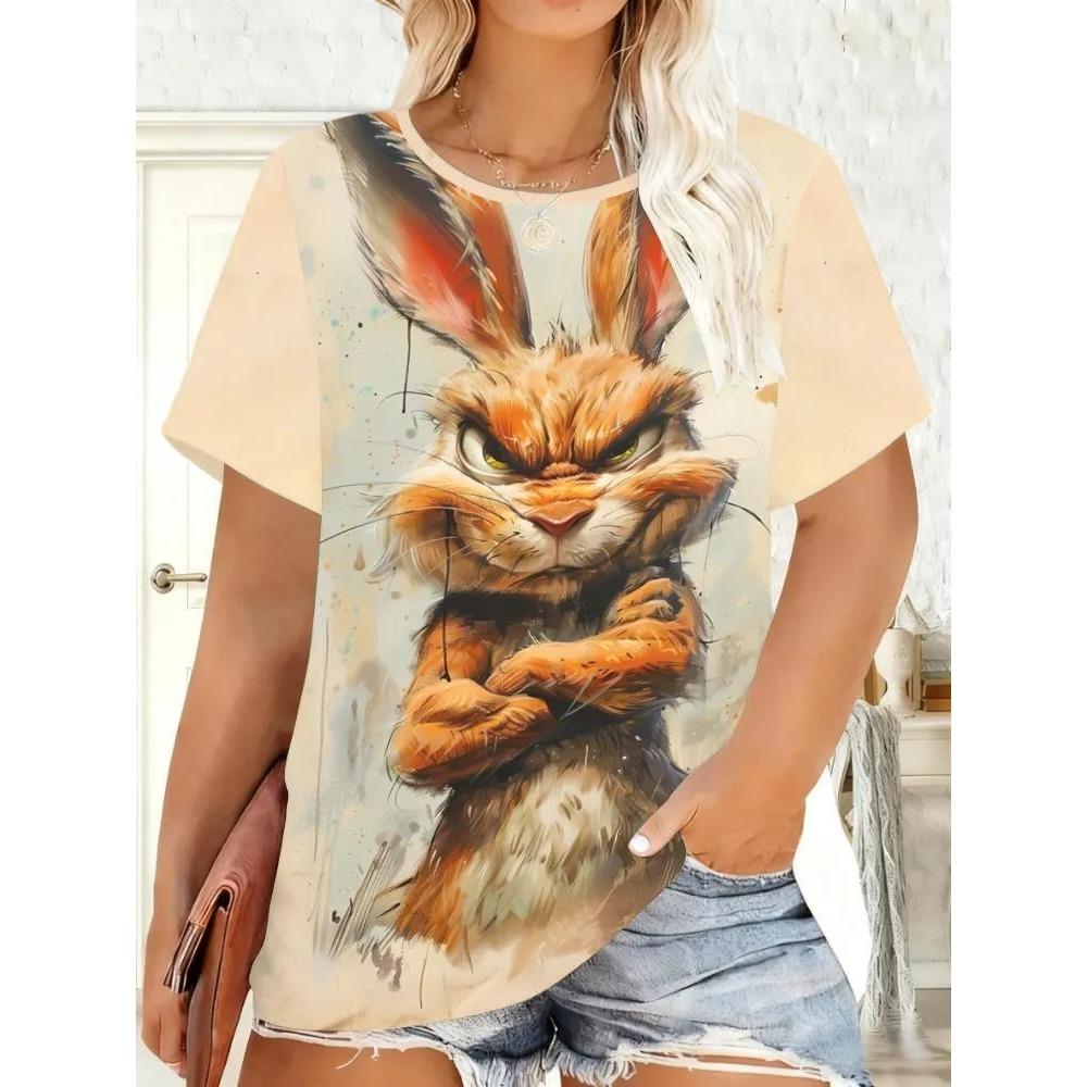 Ladies' Summer Fashion Casual T-shirt Fun Animal Pattern Printing Loose Large Size Soft Breathable Round Neck Short Sleeve T-shirt