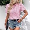 Damska Różowa Sequinowa Koszulka z Krótkim Rękawem Okrągły Dekolt Casualowa Imprezowa Luźny Krój Bluzka T-shirt