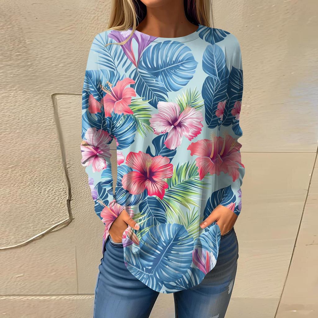 Women's Loose Casual Flower Printed Round Neck Long Sleeved T Shirt Top Pullover Long Sleeved Sweatshirt