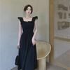 2023 Summer French-Style Pleated Waist Midi Dress with Flutter Sleeves and Square Neck