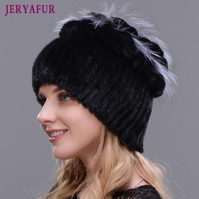 Chapeau d'hiver en fourrure de vison pour femmes, bonnet tricoté en fourrure argentée, bonnet féminin tissé avec fourrure de renard