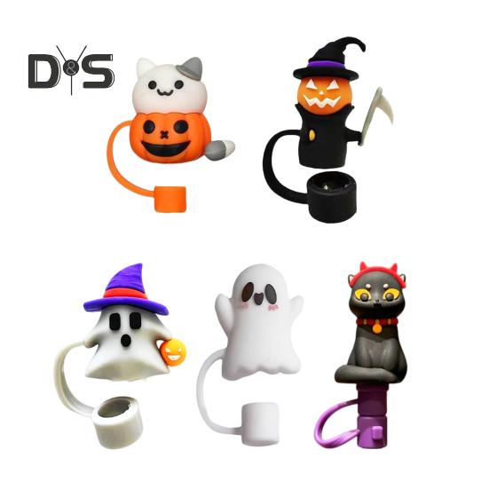 

5 шт. соломенная шляпа на Хэллоуин с силиконовой крышкой, милый дизайн с привидением, пищевая, нескользящая, многоразовая, простая в использовании, идеальная для переноски, аксессуары для чашек 5pcs